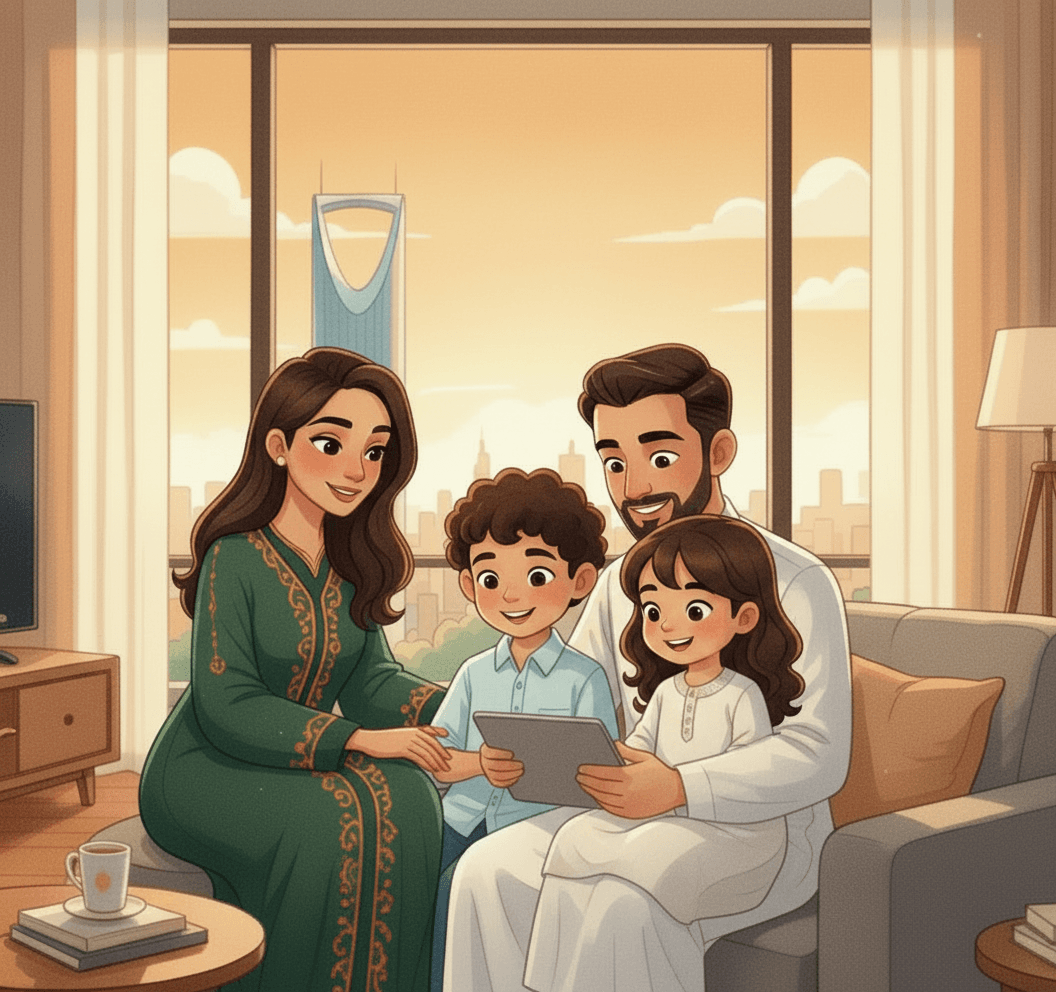 A Saudi family sharing a moment with their child